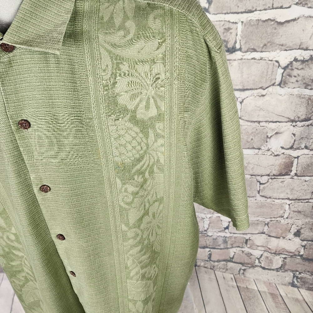 Tommy Bahama Silk Hawaiian Shirt Hibiscus Flower Damask  Avocado Green XLX - Picture 5 of 16
